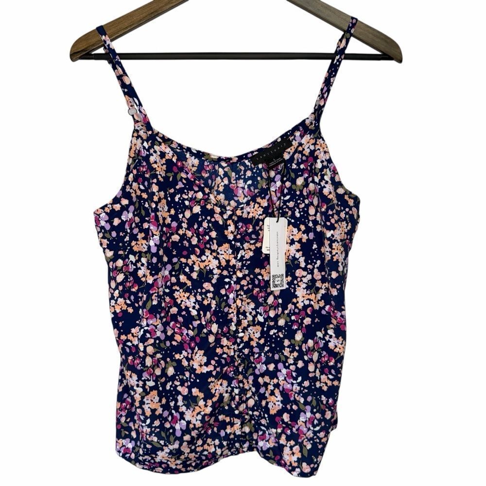 NWT Sanctuary Floral Camisole Tank Top size Large Navy Blue Pink V-Neck Cami